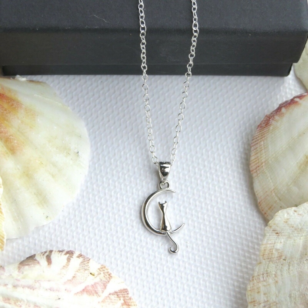NEW- Sterling Silver Small Silver Cat on the Moon Necklace